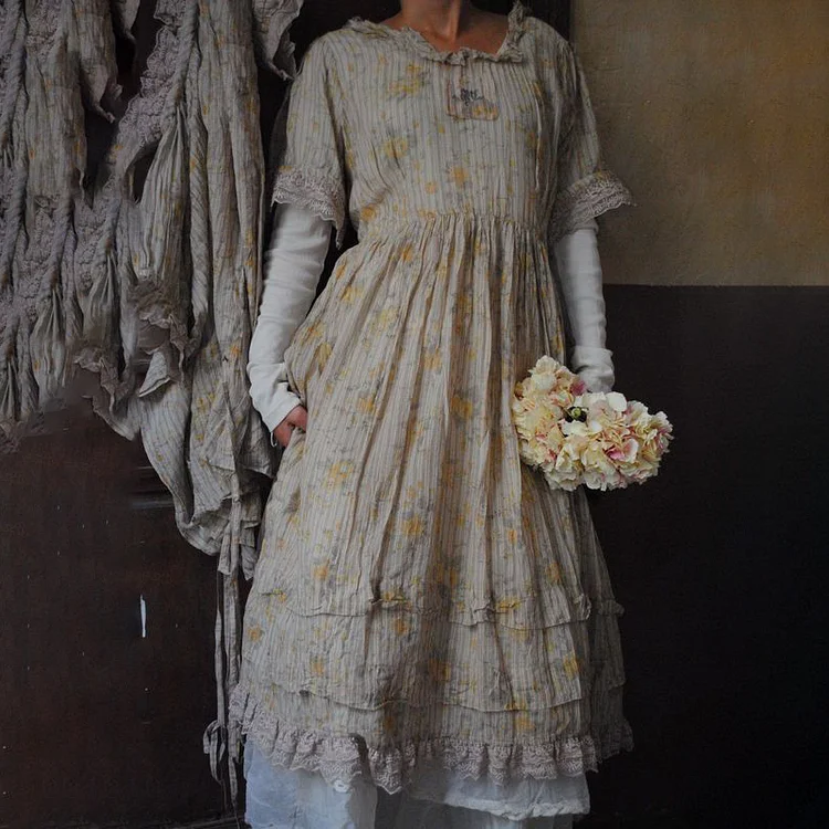 Vintage Pleat Floral Printed Comfy Short Sleeve Maxi Dress