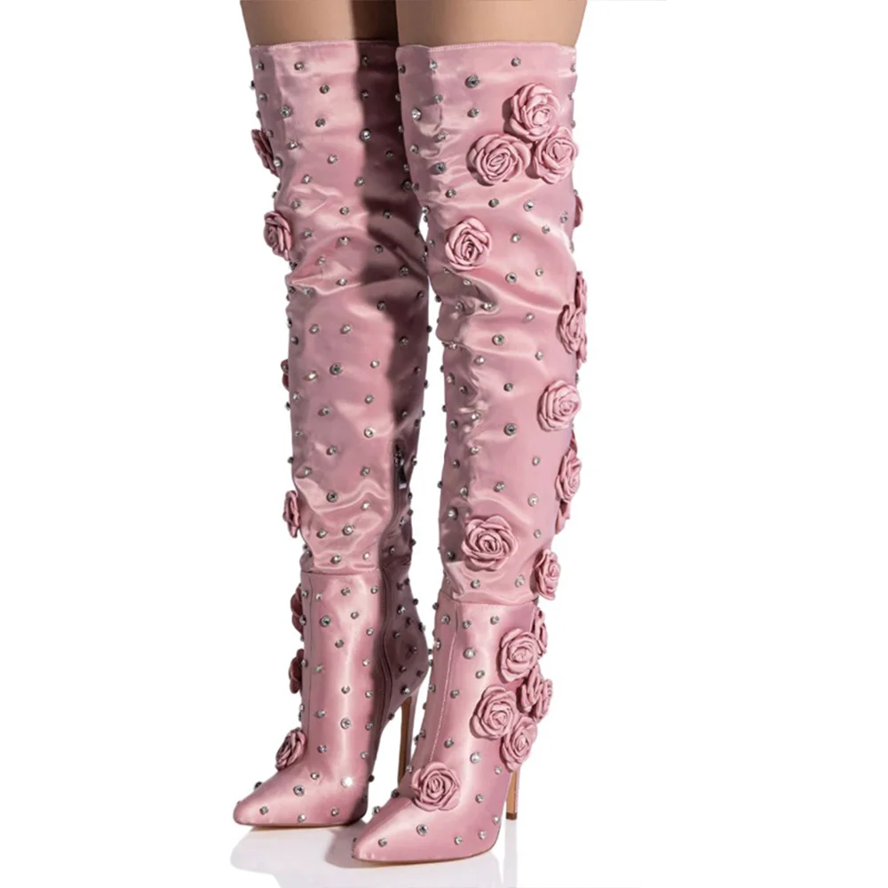 Pink Pointed Toe Knee High Boots With Rhinestone Flower Decor Boots Nicepairs