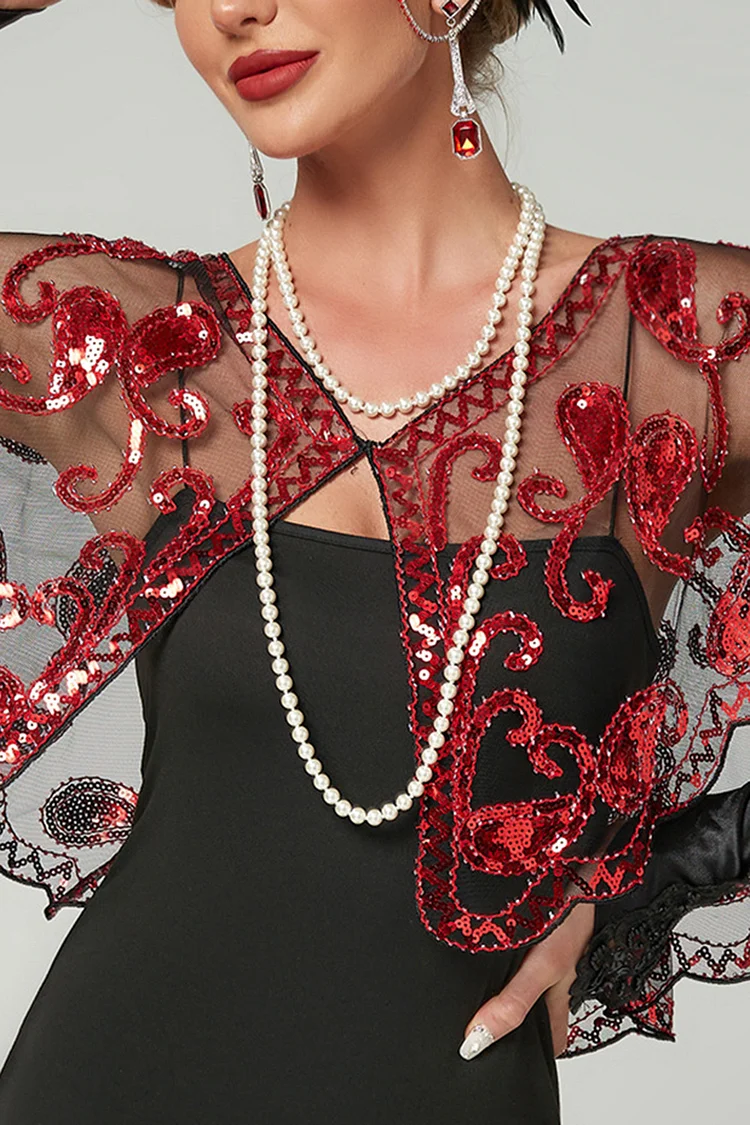 Party Black Round Neck See Through Flapper Sequin Shawl 2024 - Xpluswear