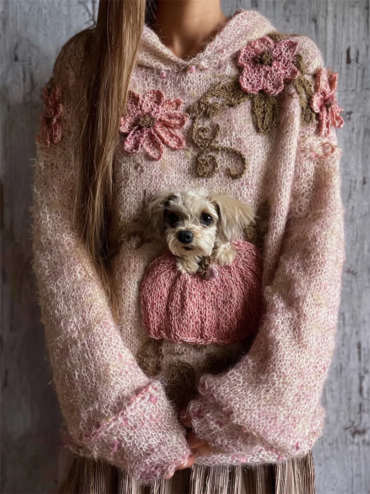 Lovely Fuzzy Dog & Pink Pumpkin Floral Cozy Hooded Sweater