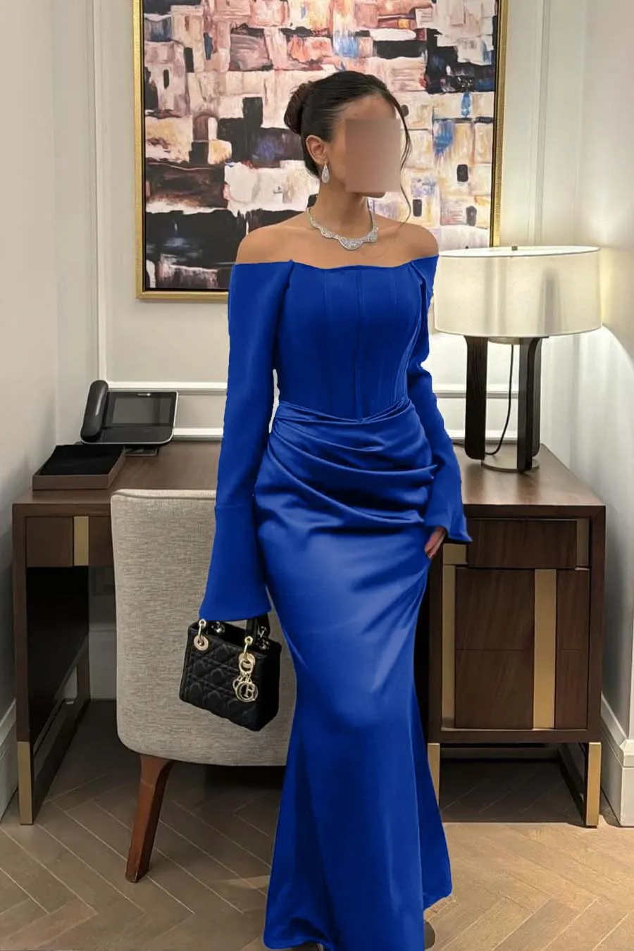 Lussooy Chic Satin Regency Long Sleeves Mermaid Prom Dress with Pleated  