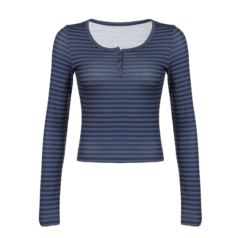 Woherb Woherb Wind Navy Blue Three Button Stripe Long Sleeve T Shirt Female Autumn BM Retro Hot Girl Slim Bottom Top Tide-Outfit Ideas