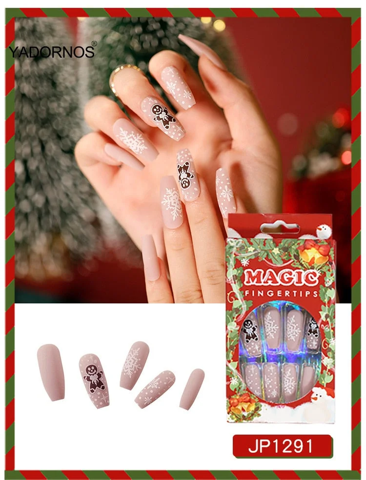 24pcs Christmas Stickers On Nails Patch Glue Type Removable Long coffin Paragraph Fashion Manicure free shipping press on nails-Nail Inspo