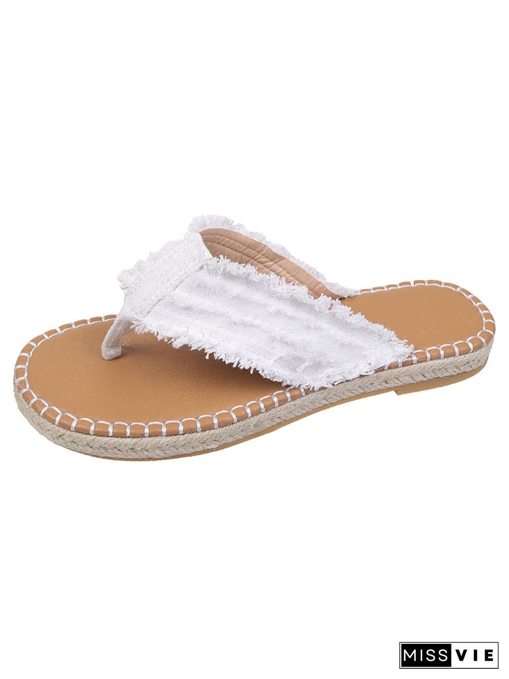 Distressed Denim Fringe Straw Bottom Flip Flops