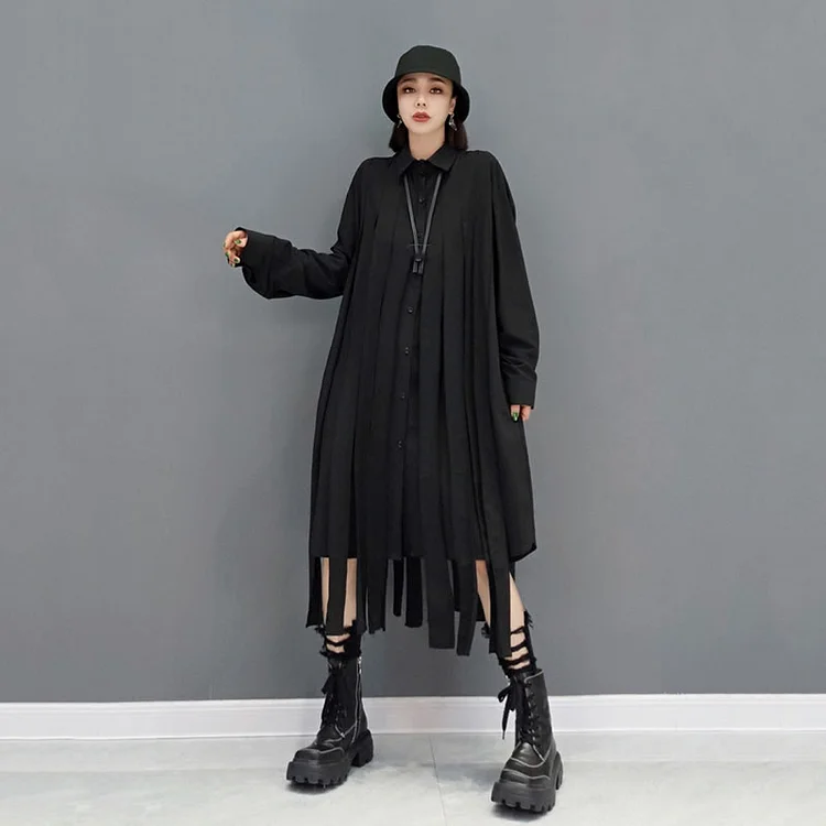 Simple Solid Color Turn-down Collar Tassel Splicing Long Sleeve Shirt Dress