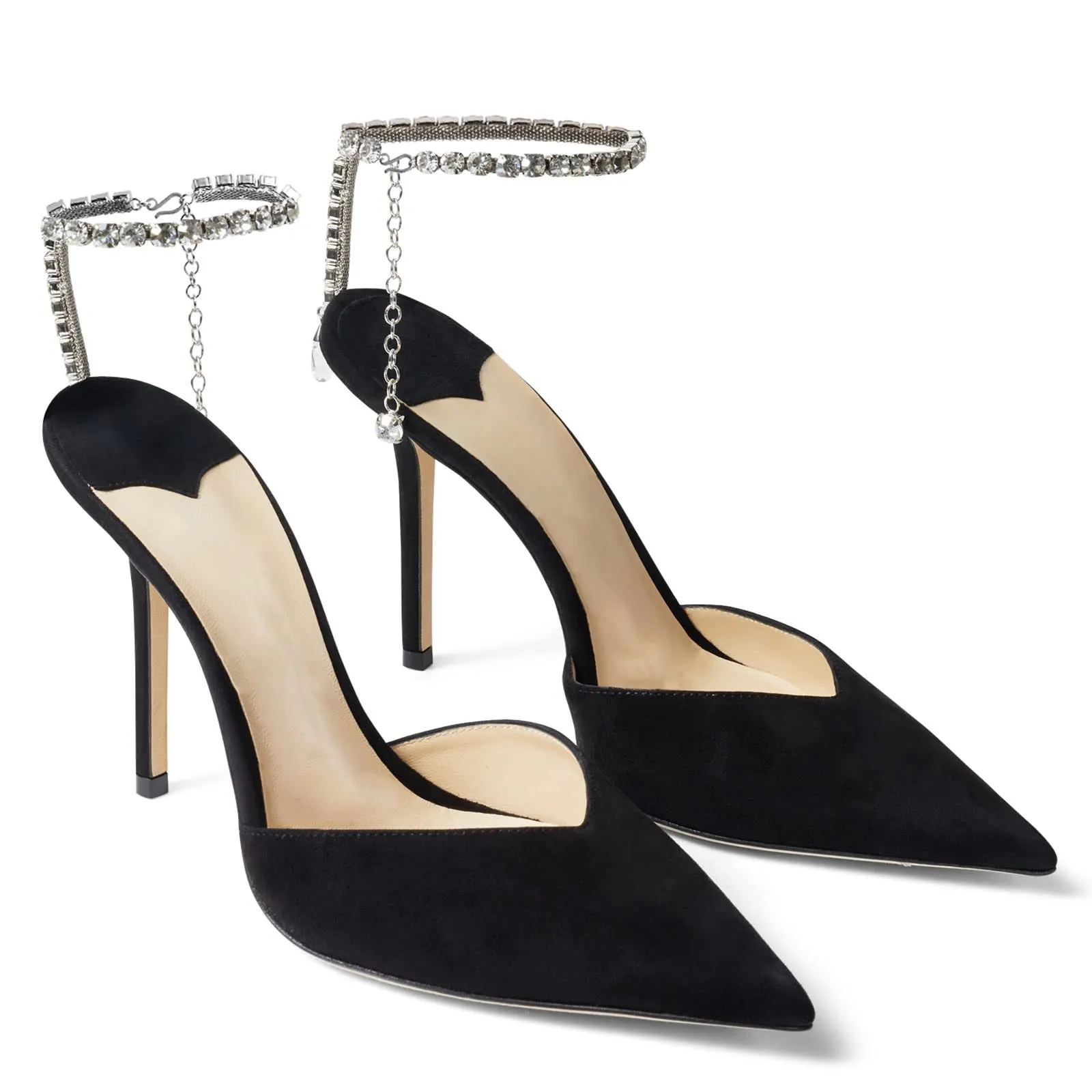 100mm Women's Sandals Crystal Chain Rhinestone Embellished Strap Suede Pumps Pointy Stilettos Backless Shoes-vocosishoes