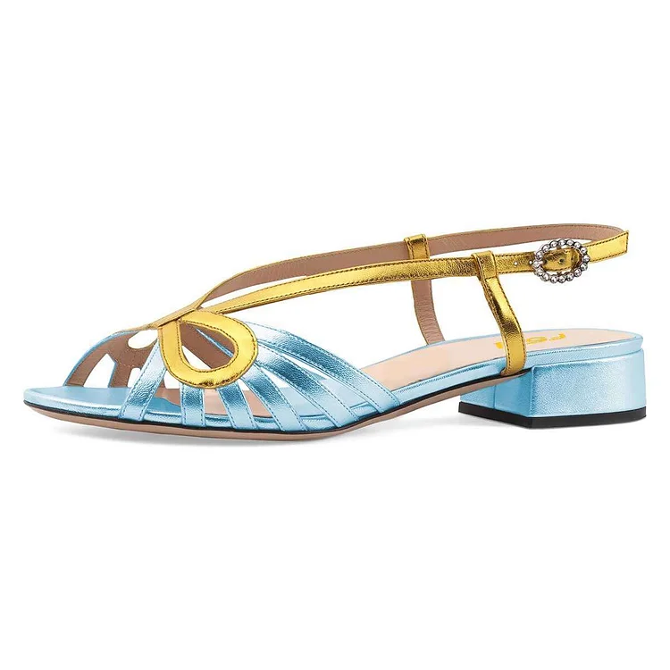 Gold and Light Blue Slingback Low Heel Chunky Heel Sandals |FSJ Shoes