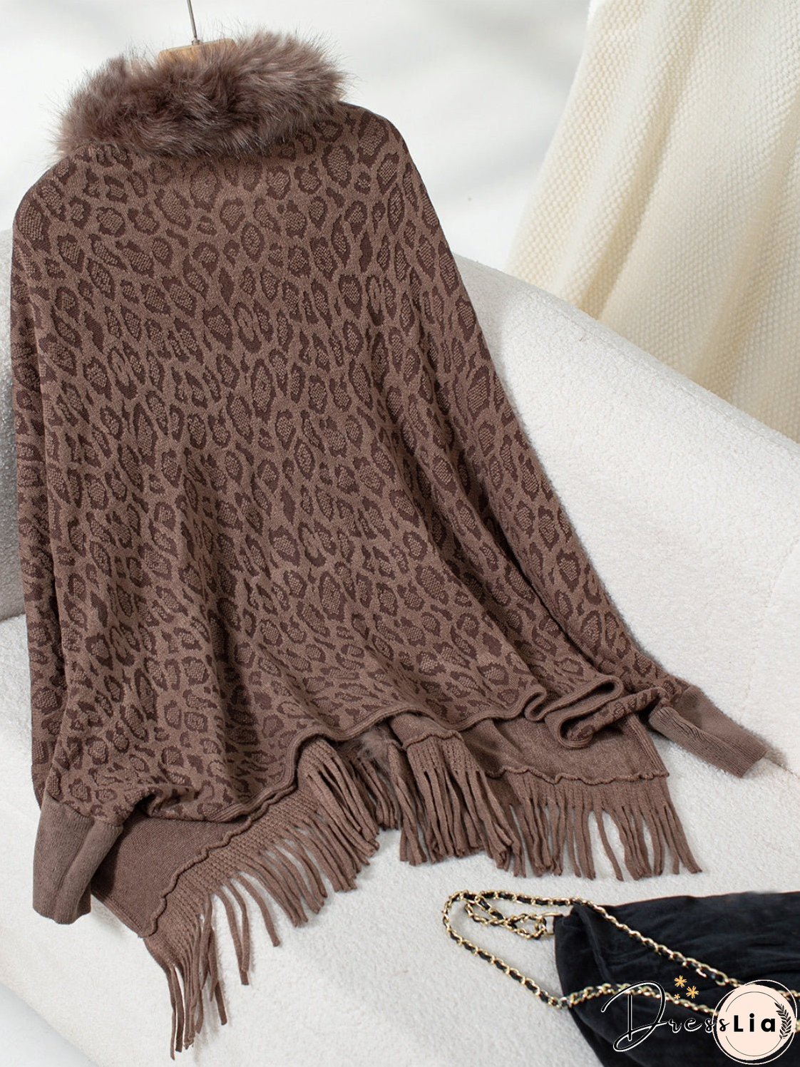 Fringe Leopard Open Front Long Sleeve Poncho