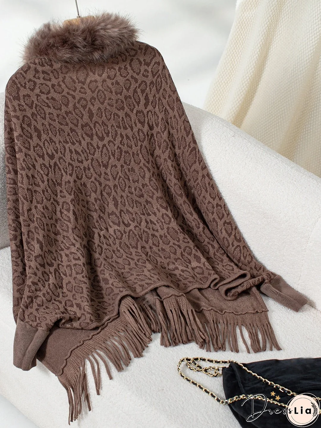 Fringe Leopard Open Front Long Sleeve Poncho