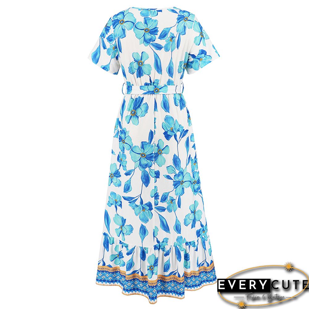 Light Blue Retro Bohemia Print V Neack Beach Dress