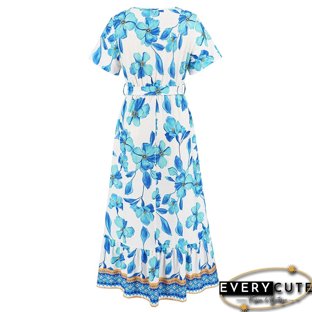 Light Blue Retro Bohemia Print V Neack Beach Dress
