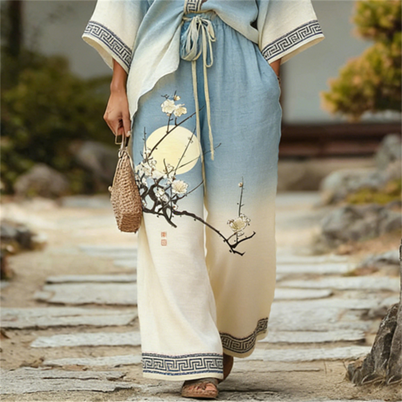 Full Moon Plum Blossom Japanese Art Gradient Kimono & Pants Linen Set wearshes