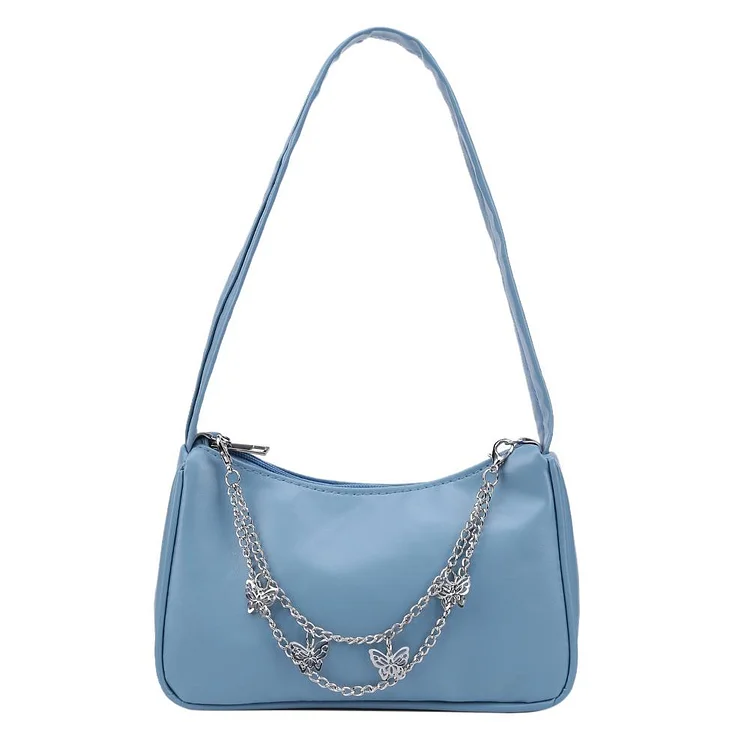 Fashion Women PU Underarm Bag Butterfly Chain Pure Color Mini Purse (Blue)-Annaletters