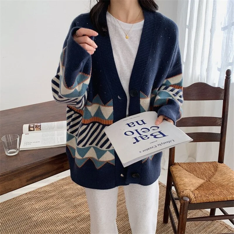 2021 Autumn Winter Women Sweater Geometric Pattern Knitted Cardigan Vintage Casual Loose Sweater Jumper Button-up Female Tops