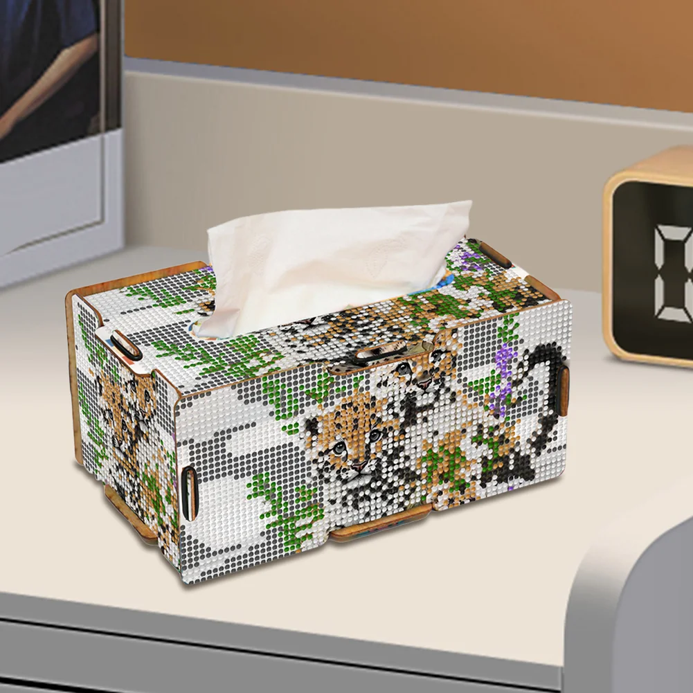 Leopard 5D DIY Diamond Painting Handmade Tissue Holder Wooden Tissue Box Craft