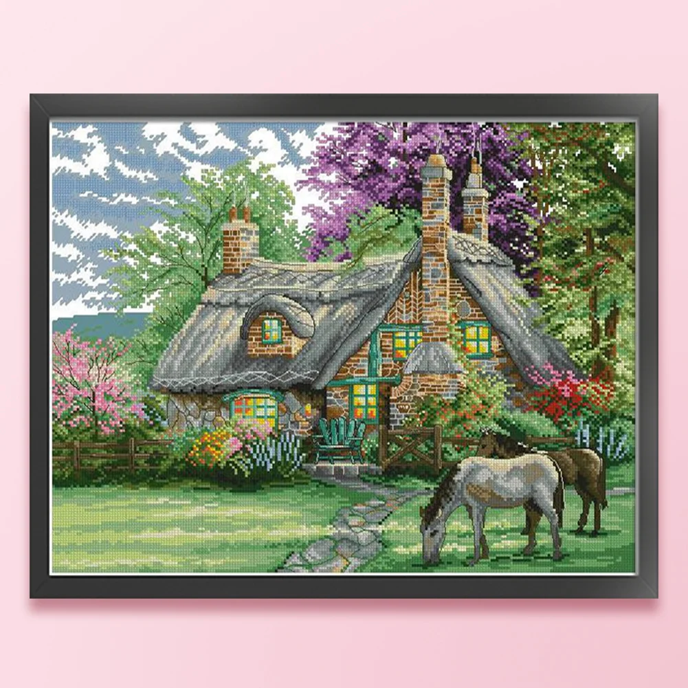 DIY Stamped Cross Stitch 14CT Partial Embroidery 46*38cm - Flower Villa