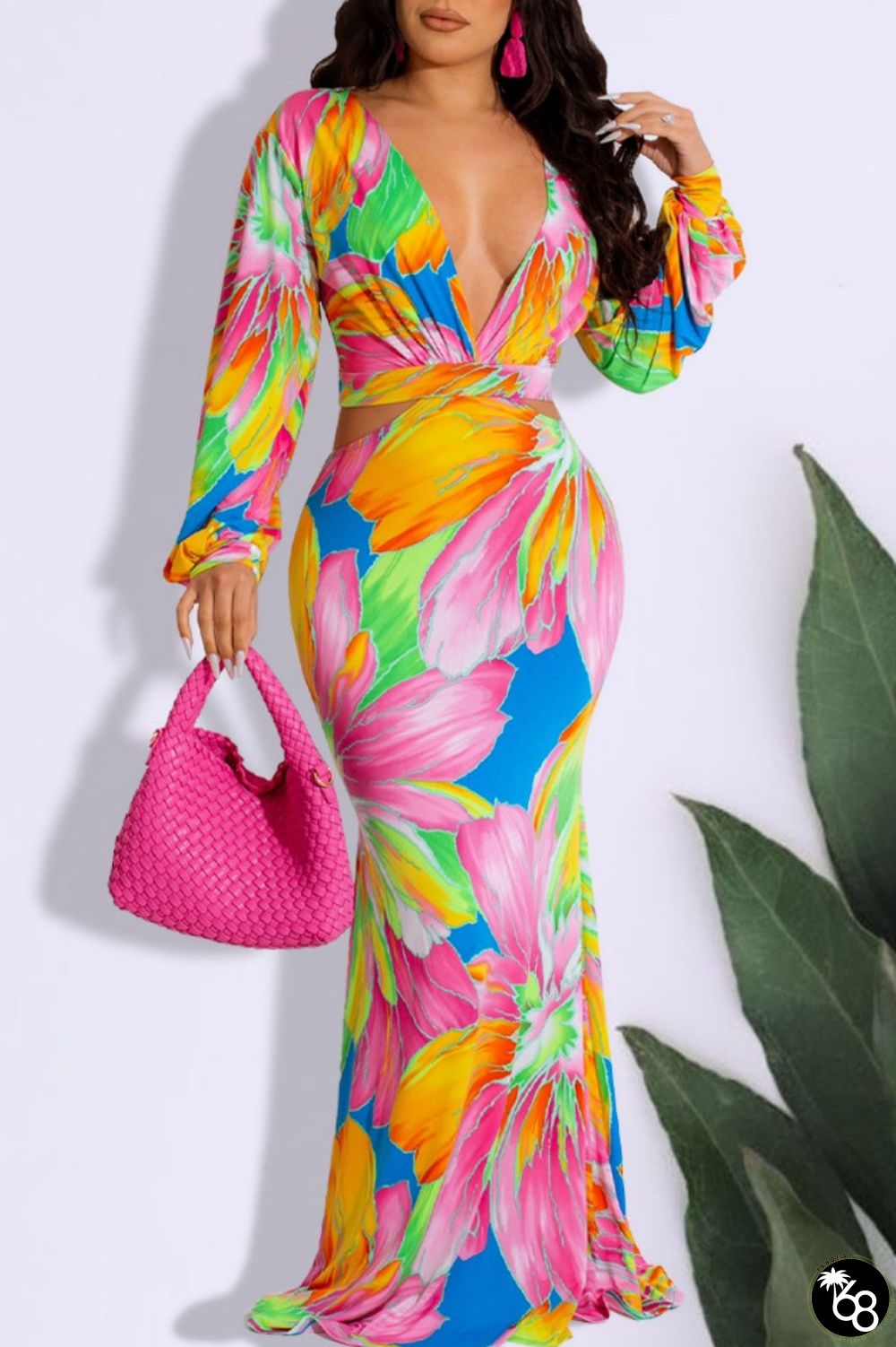 Colour Casual Print Hollowed Out Frenulum V Neck Long Sleeve Dresses | 168DEAL