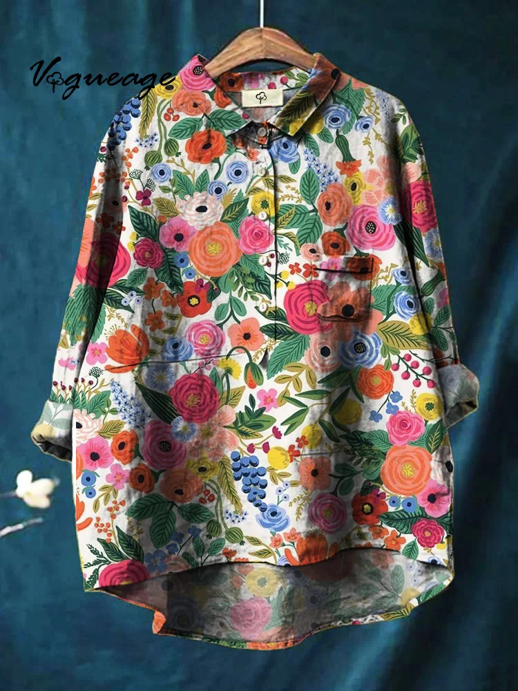 Gentle Comfortable And Colorful Flowers Printed Cotton And Linen Shirt