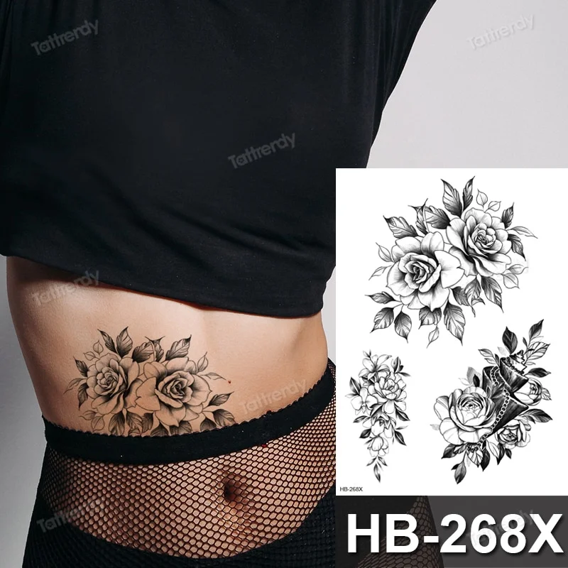 Sdrawing henna black lace mandala flowers sexy waterproof temporary tattoo for women thigh body tattoo sketch flower rose peony big