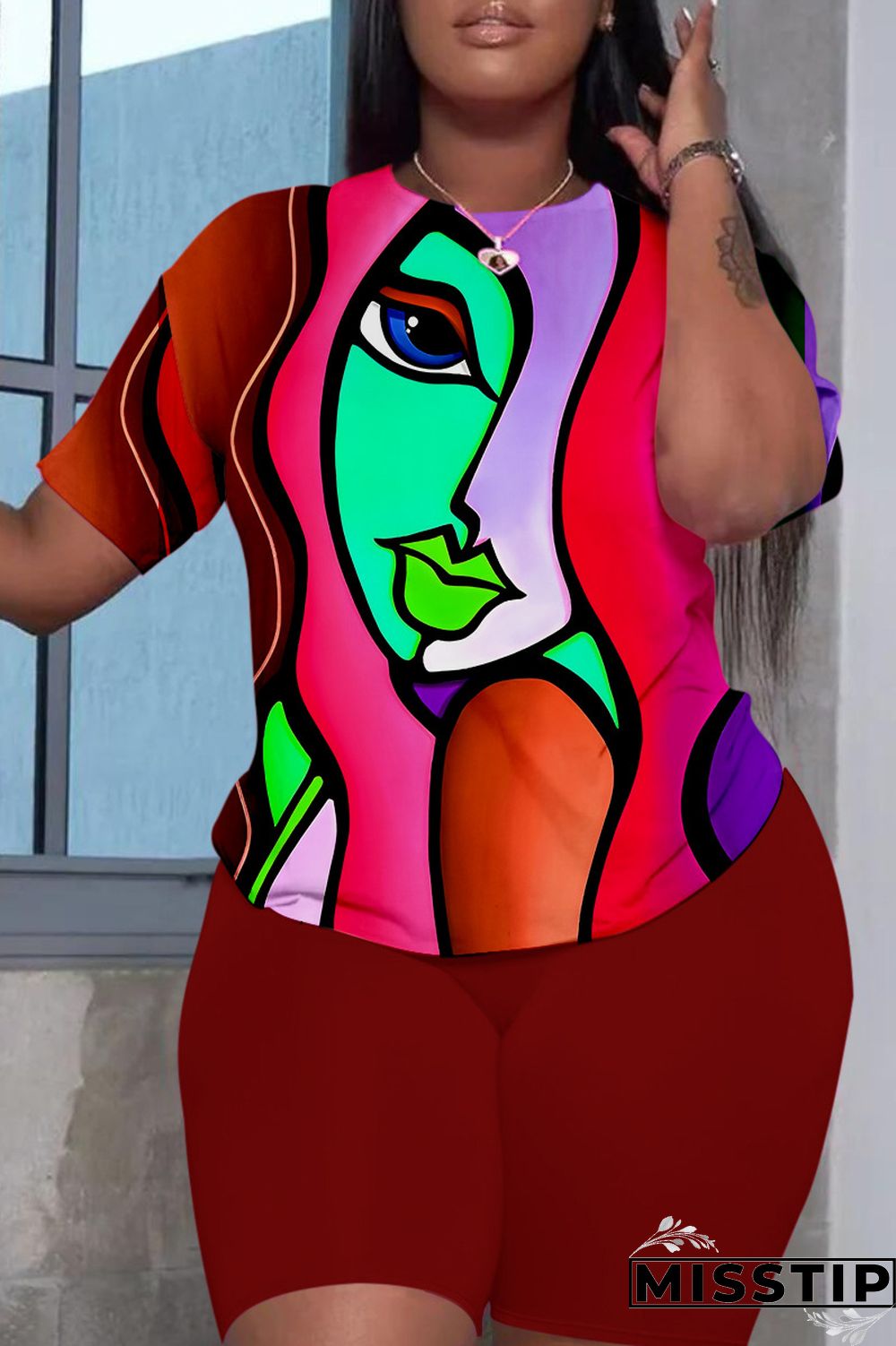 Deep Red Casual Print Basic O Neck Short Sleeve Two Pieces