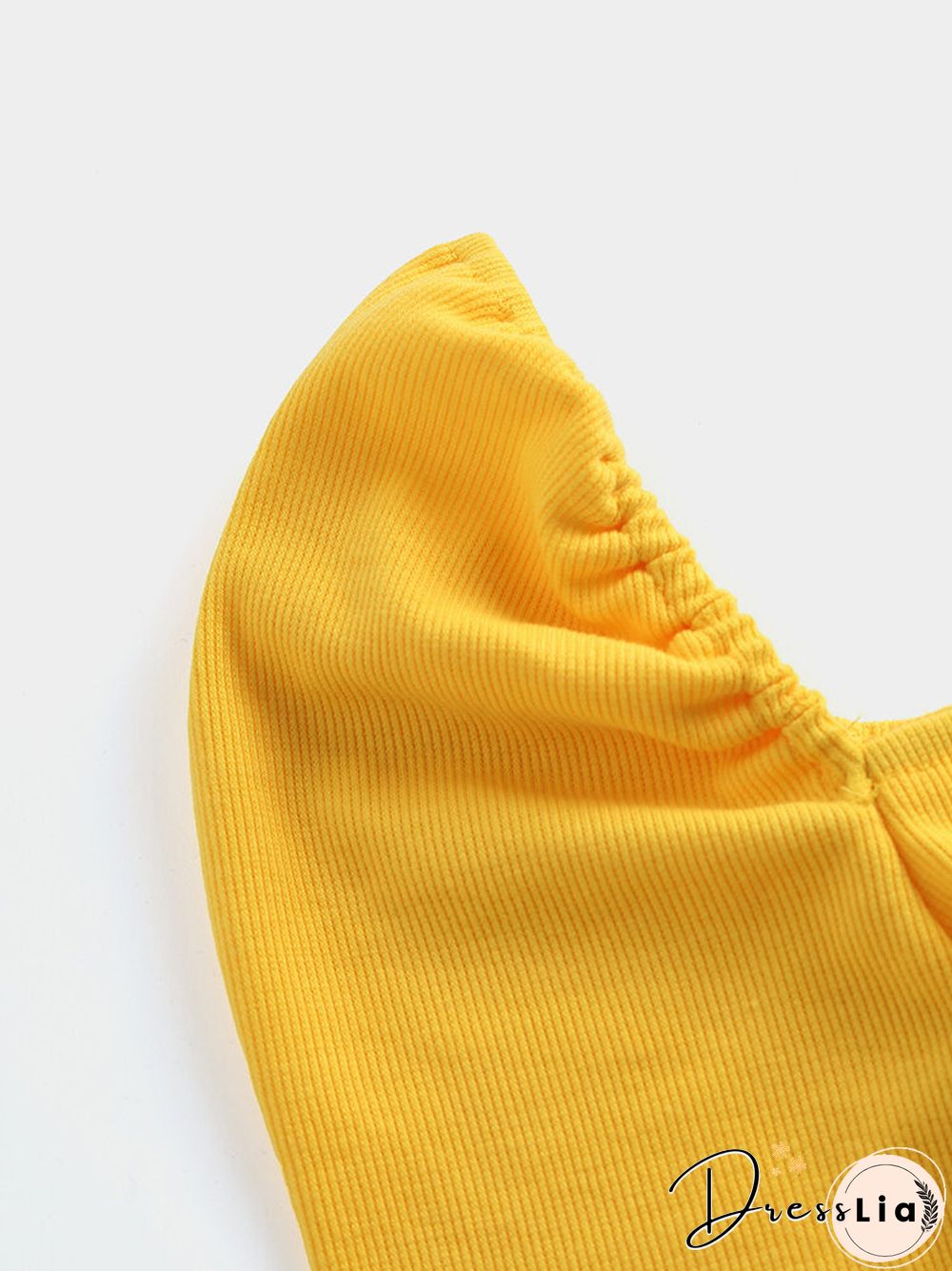 Solid Puff Short Sleeve Slit Square Collar Crop Top