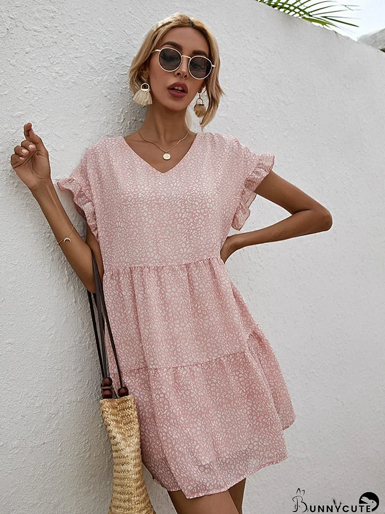 Chiffon Loose V Neck Short Sleeve Mini Dress
