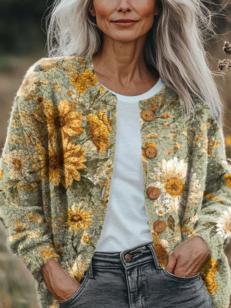 Women's Vintage Lovely Floral Art Print Buttoned Cardigan Sweater
