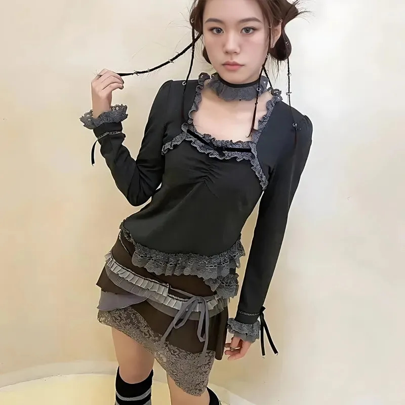 Brownm Grunge Asymmetric Lace Top