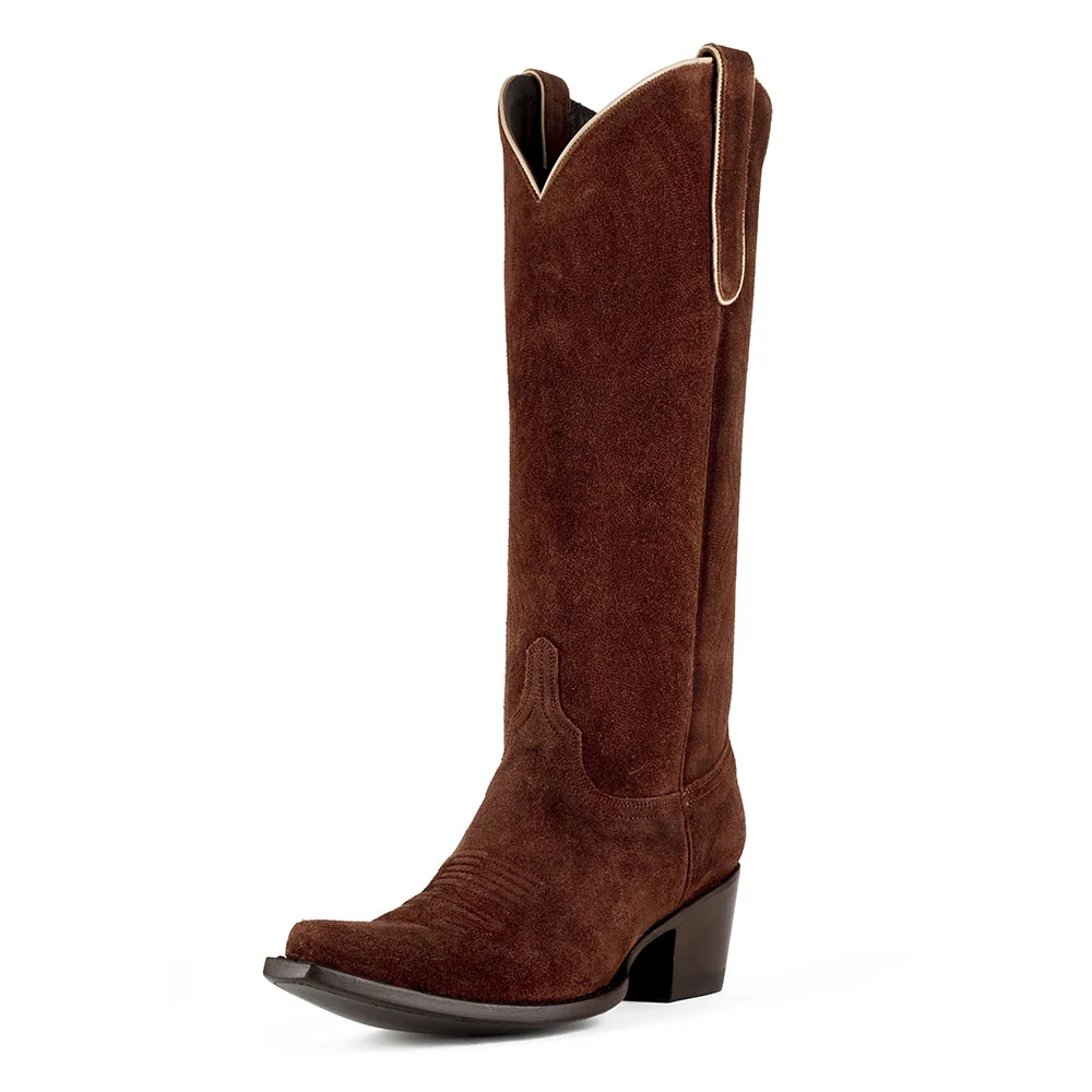 Classic Dark Brown Vegan Suede Chunky Heel Western Boots for Women