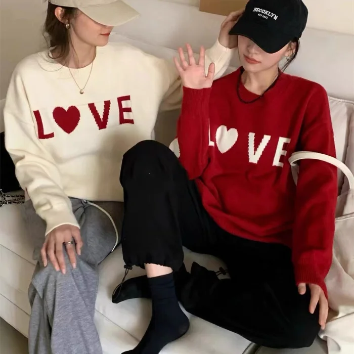 Churchf Churchf Version Of Love Jacquard Round Collar Set Outside Wearing Sweater Female Qiu Dong New Loose Long Sleeve Versatile Sweater Jacket