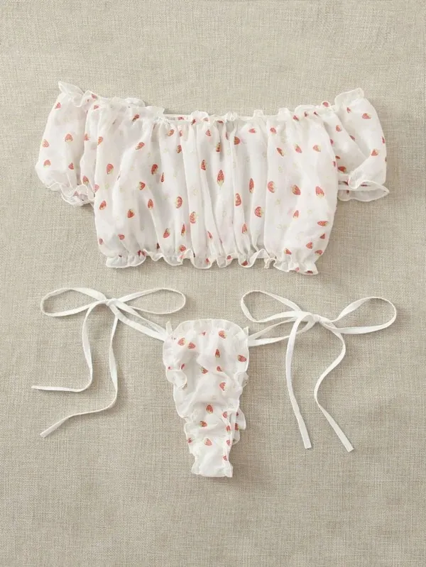 Churchf Sex Lingerie Sexy Women's Side-Swear Tective Yarn Printed Lingerie Set
