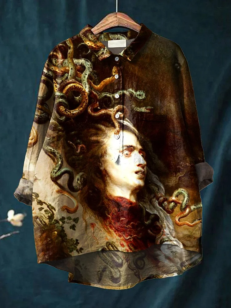 Women's  Medusa Art  Print Casual Cotton And Linen Shirt