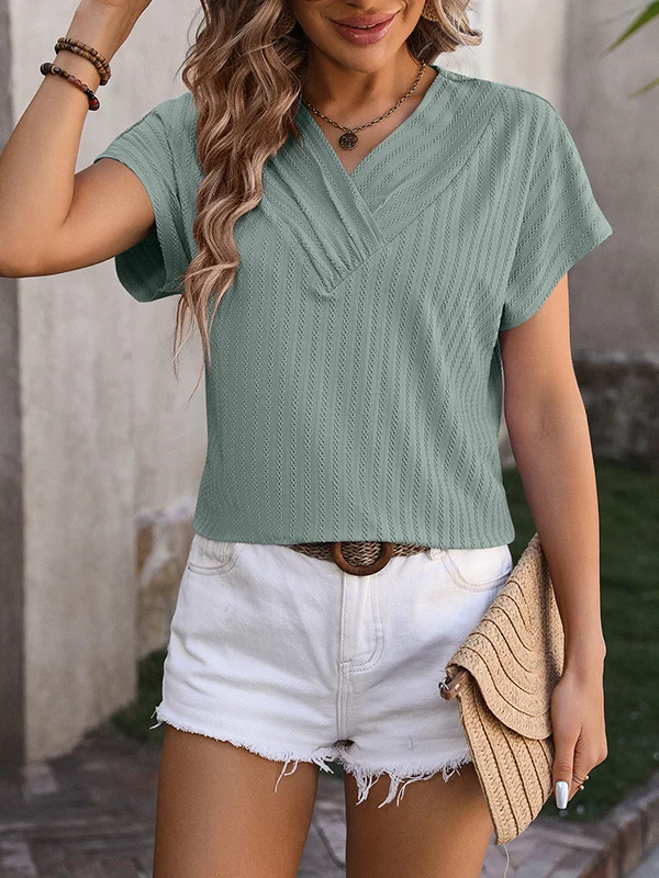 Loose Short Sleeves Jacquard Solid Color V-Neck T-Shirts Tops