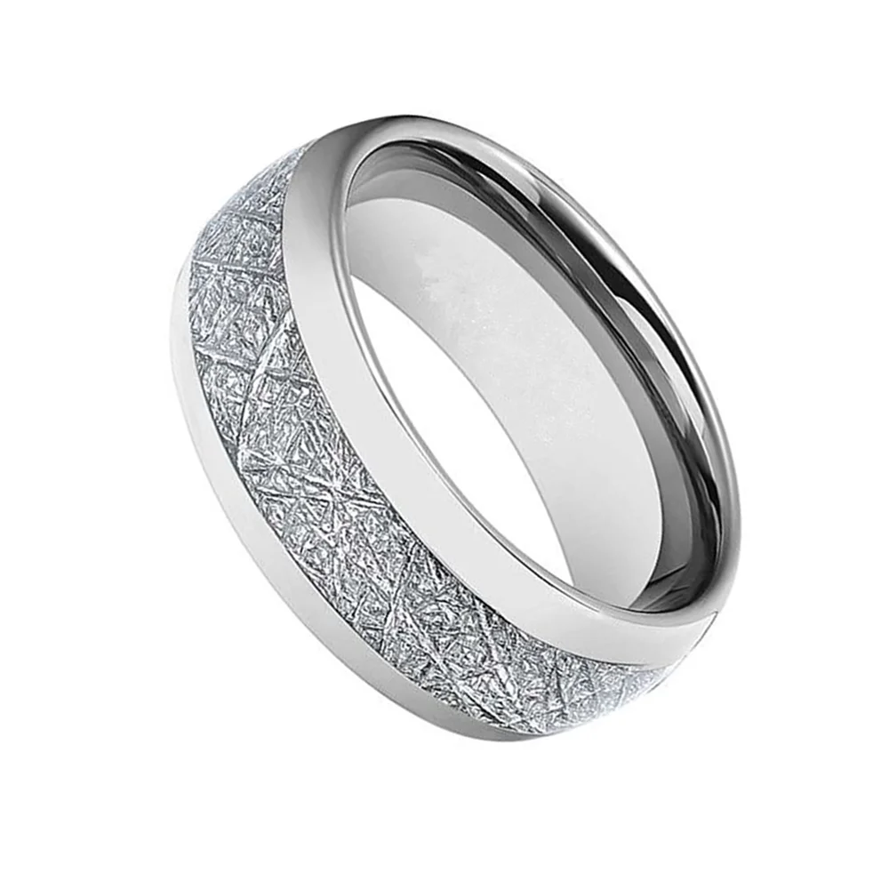 6MM 8MM Men Silver Tungsten Rings Dome Meteorites Pattern Inlay Polished Finished