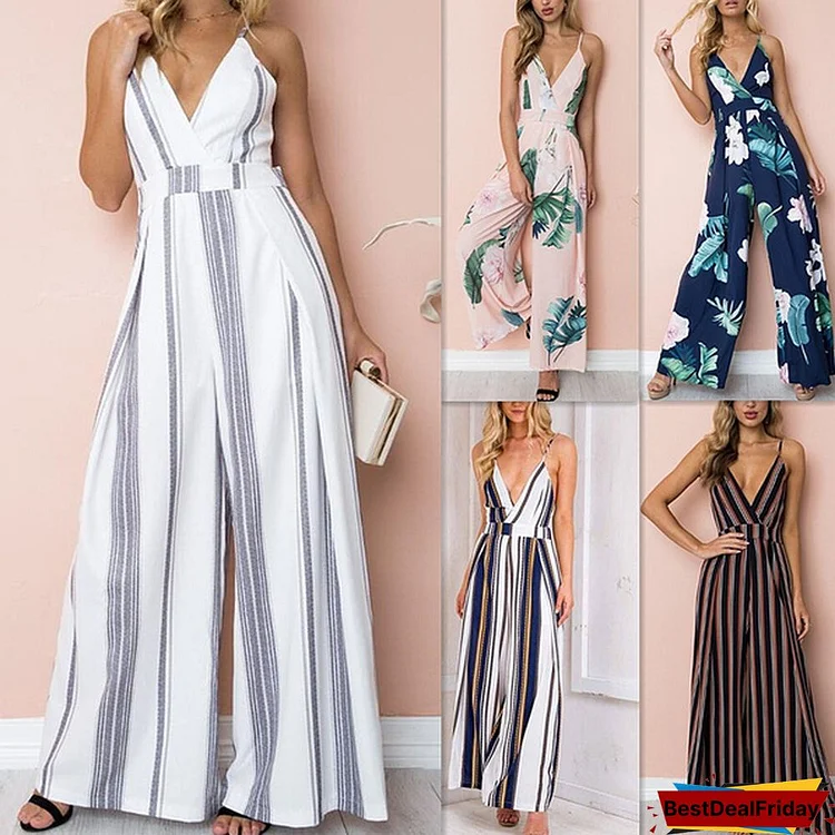 Women striped halter jumpsuit casual Broad leg pants floral printed backless rompers