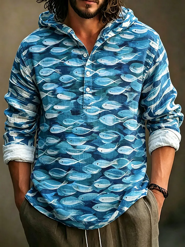 Men's Vintage Ocean And Fish Art Print Hoodie  artssus
