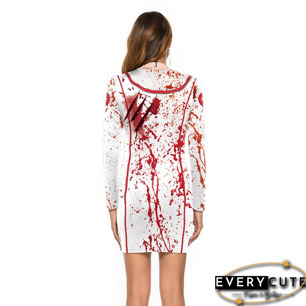 Women Halloween Dress Sexy Bloody Print Long Sleeve Mini Bodycon Dress Emo Girl Gothic Clothes Holiday Party Dresses