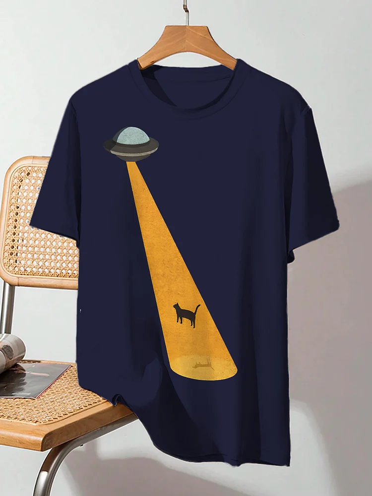 Men's Funny UFO Catch Cat Print Cotton Casual T-Shirt