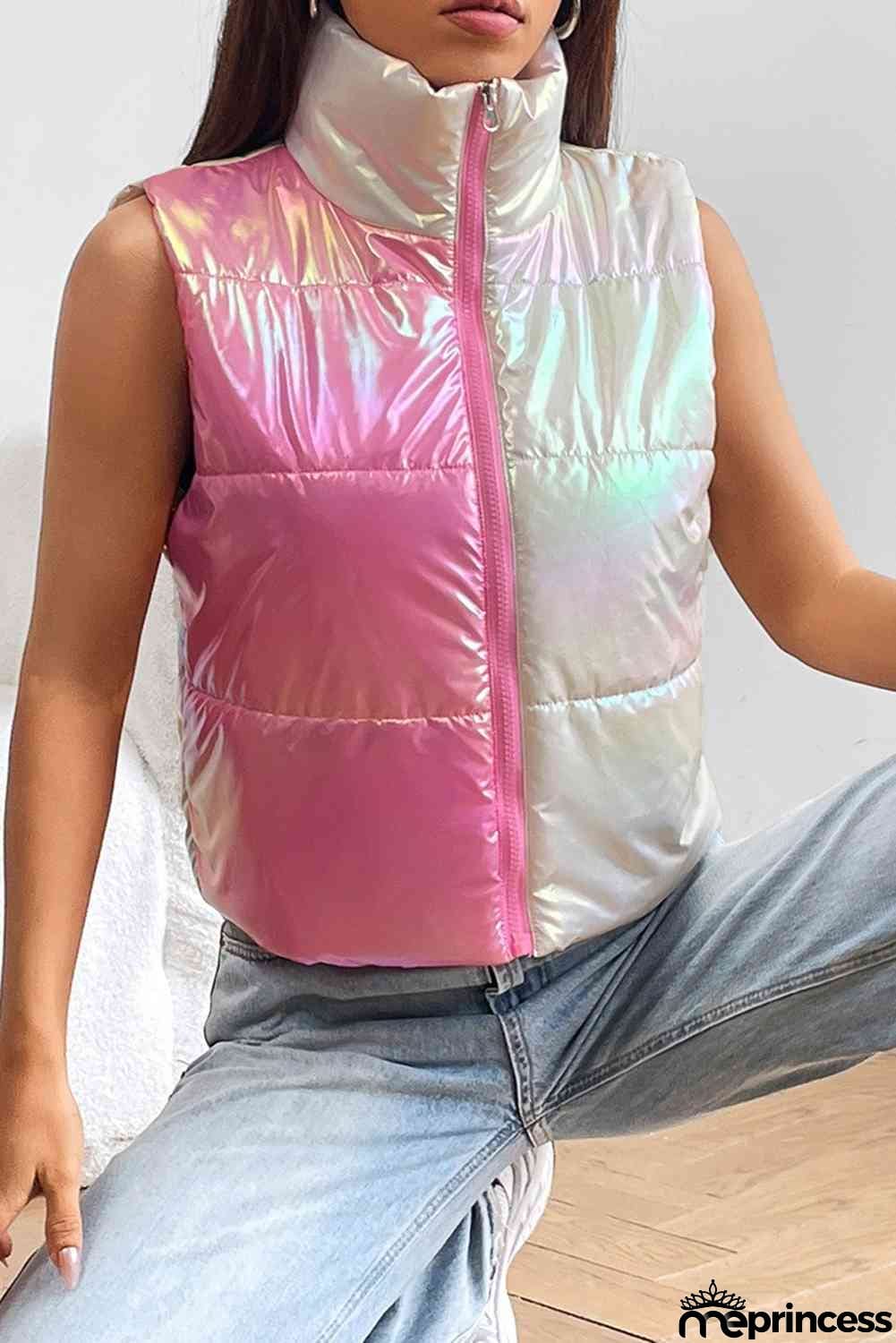 Turtleneck Color Block Sleeveless Vest