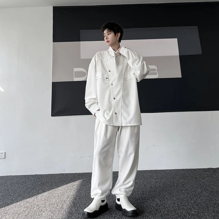 Dawfashion Techwear Streetwear-Spring Stand Up Collar Diagonal Buttons Tunic Long Sleeve Shirt Set Suits-Streetfashion-Darkwear-Techwear