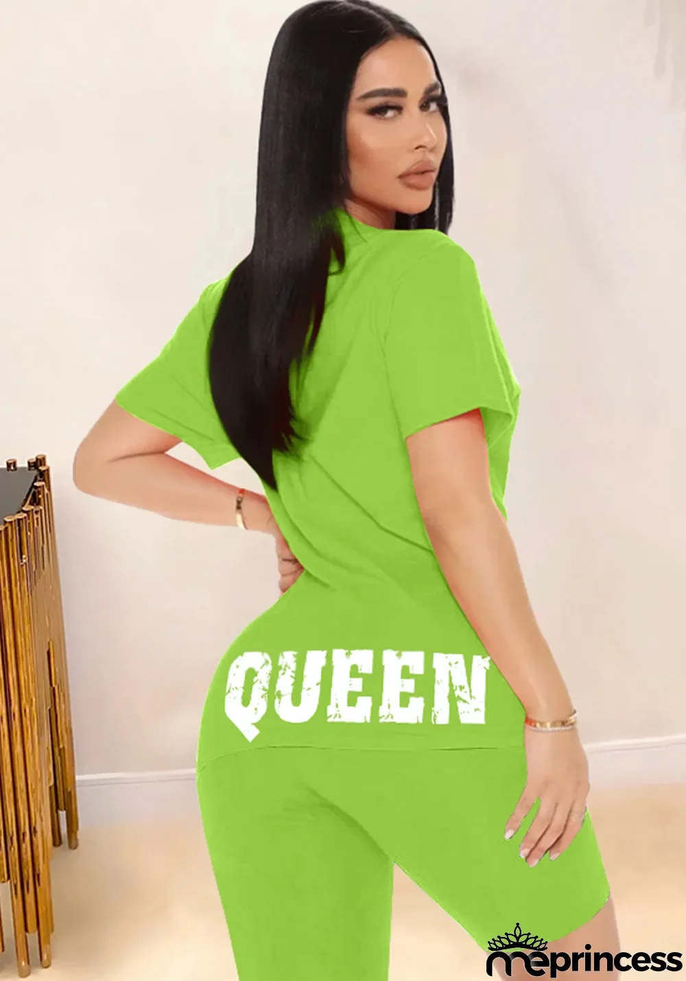 Women Summer Green Casual O-Neck Short Sleeves Letter Print Regular Two Piece Shorts Set