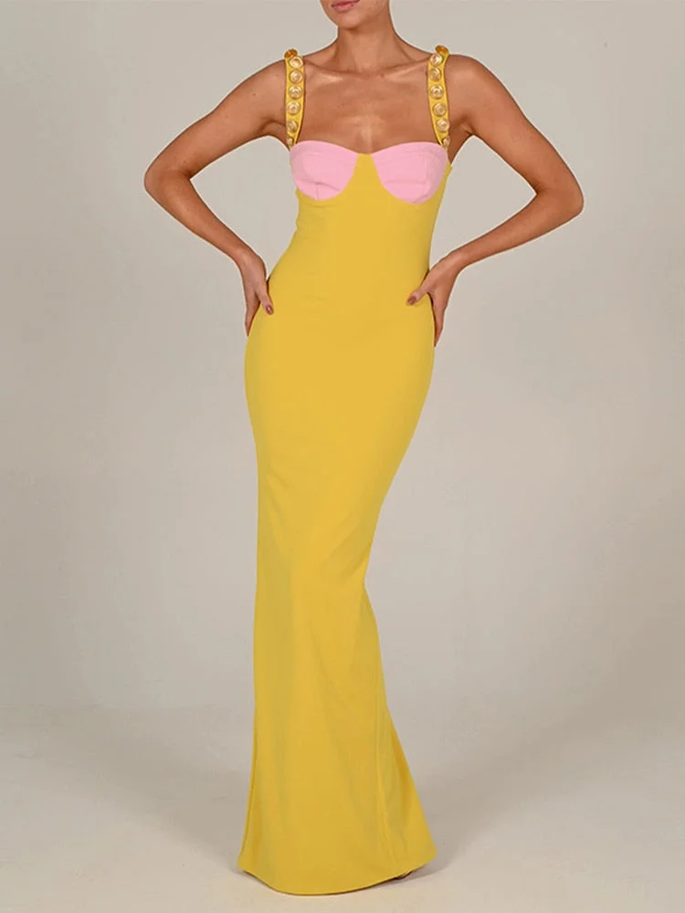 Jacuqeline 2022 Sleeveless Summer Dress Long Sexy Bodycon Clothes for Women Patchwork Backless Button Elegant Dresses Club Party