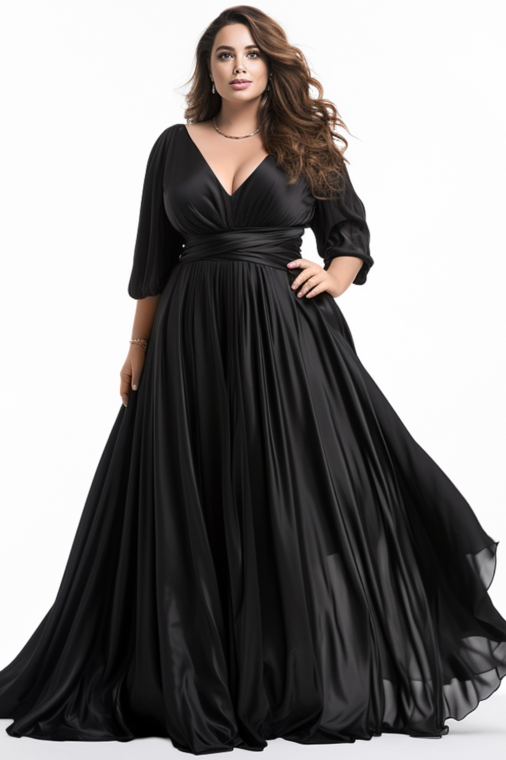 Flycurvy Plus Size Everyday Black Chiffon Deep V Neck Lantern Sleeve Empire Waist Maxi Dress