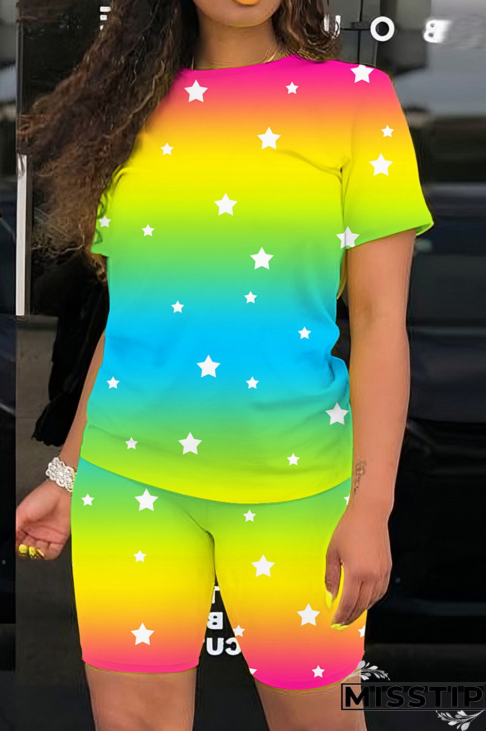 Multicolor Casual Print Basic O Neck Short Sleeve Two Pieces