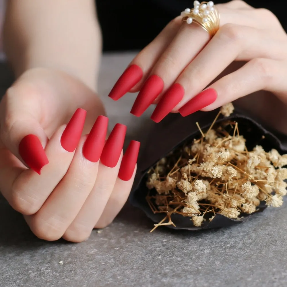 INS Ballet Matte Fake nails red Long Salon art coffin false nails yellow Ruby square 24pcs wedding nails Burgundy-Nail Inspo