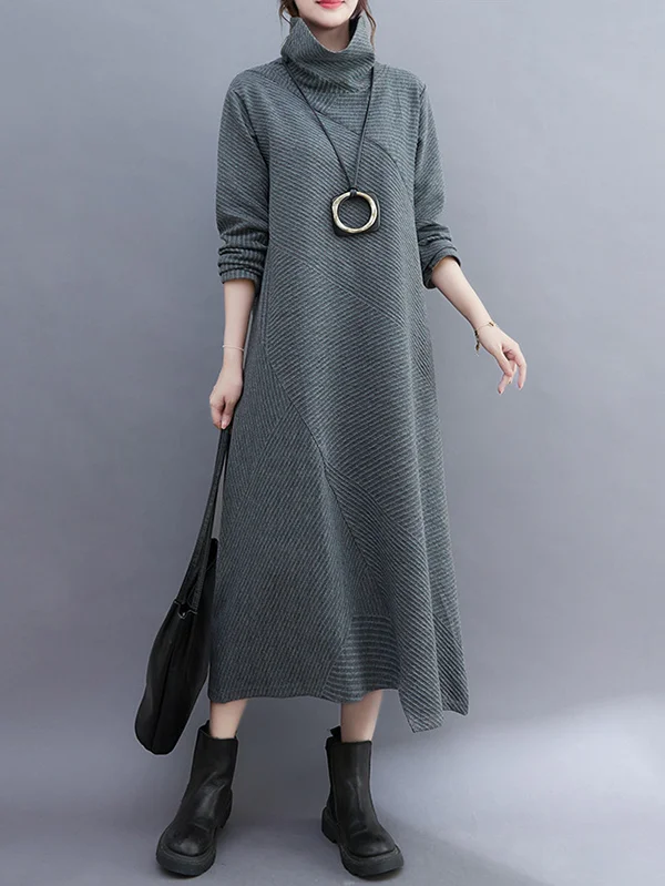 Vintage Irregularity Long Sleeves Solid Color High-Neck Midi Dresses