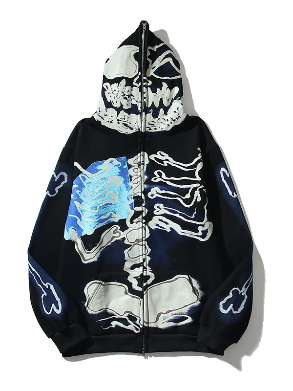 Street Fashion Skull Graphic Printed Full Zip Up Jacket