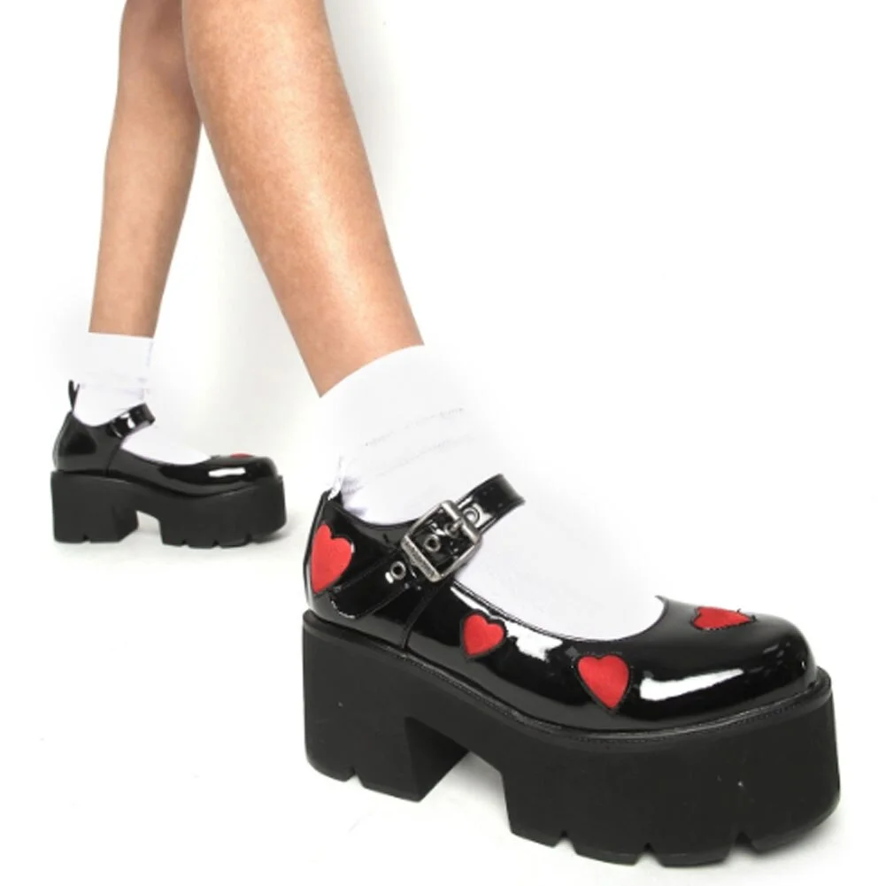 Back to College Round Toe Heart Print Ankle Strap Chunky Goth Platform Women Shoes Trendy Punk Marry Janes Pumps Square Heels Street Style