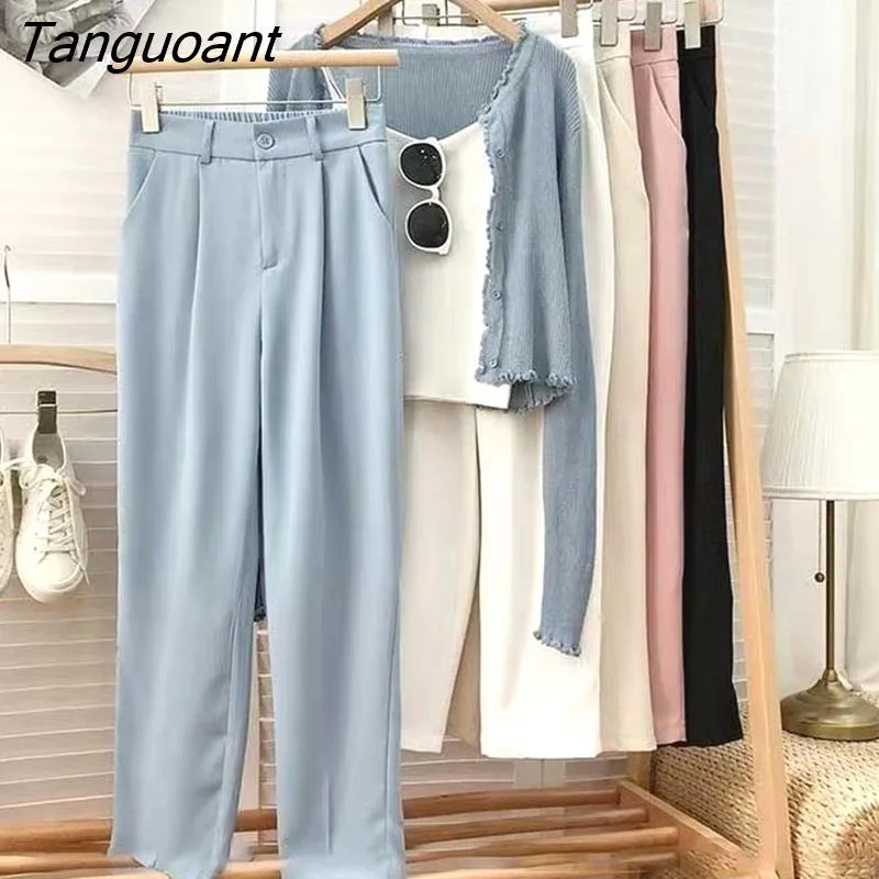 Tanguoant Pants Women Button Fashion Cozy Ulzzang Solid Ankle Length Straight Female Trouser High Waist Street Style Spring Daily