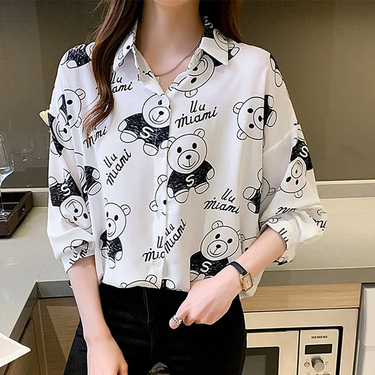 Printed Cartoon Casual Long Sleeve Shirts & Tops QueenFunky